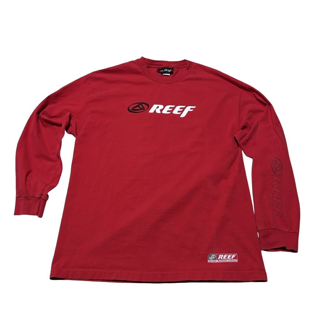 Vintage REEF Men's Long Sleeve Spell Out Logo Shirt Red Size‎ XL 23 x 29